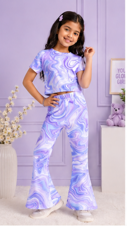 Girls Lilac Marble Co-Ord Set | Kids Crop Top & Flared Pants Outfit | Trendy Casual Wear for Girls