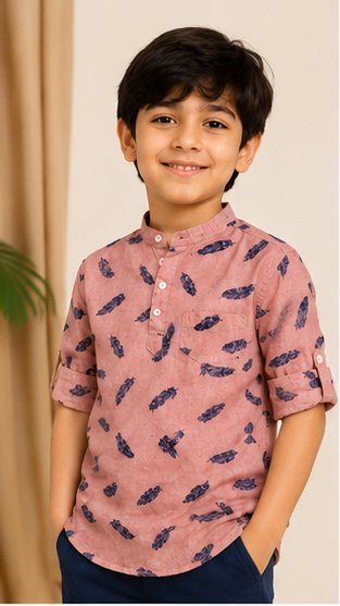 Boys Peach Feather Print Mandarin Collar Shirt (Full Sleeve)