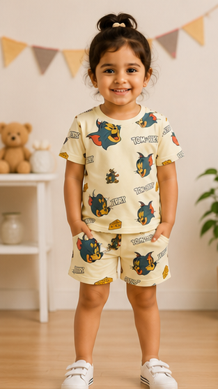 Beige Cartoon Cat & Mouse Kids Co-Ord Set – Cute Character Print T-Shirt & Shorts