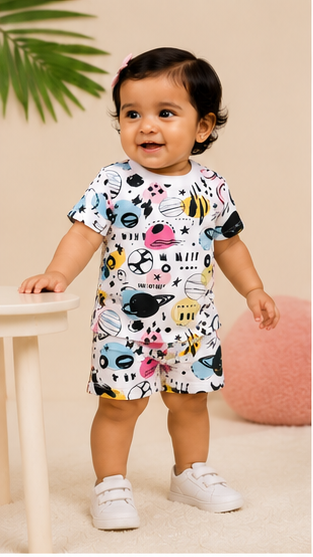 Abstract Space Print Kids Co-Ord Set – Stylish Planet Graphic T-Shirt & Shorts for Girls
