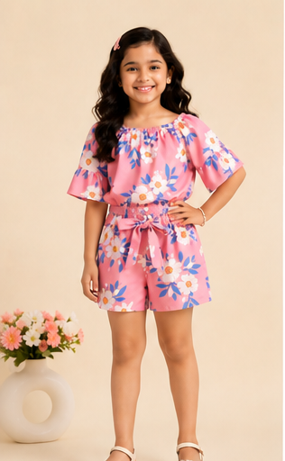 Girls Pink Floral Off-Shoulder Co-Ord Set – Summer Printed Top & Shorts