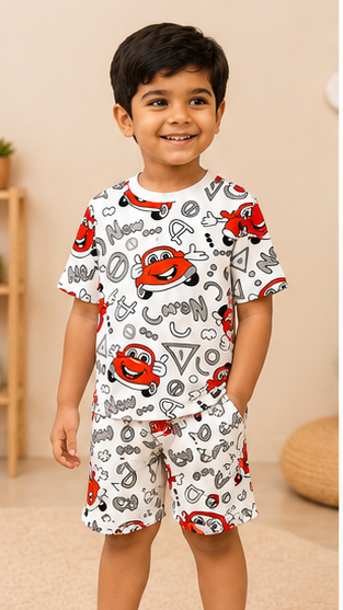 Cartoon Car Print Kids Co-Ord Set – Cotton T-Shirt & Shorts Summer Outfit for Boys