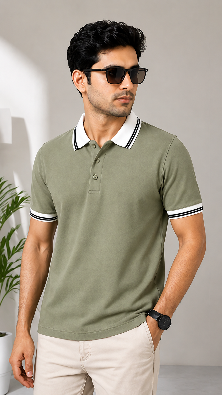 Men’s Premium Sage Green Polo T-Shirt with White Contrast Collar & Sleeve Stripes