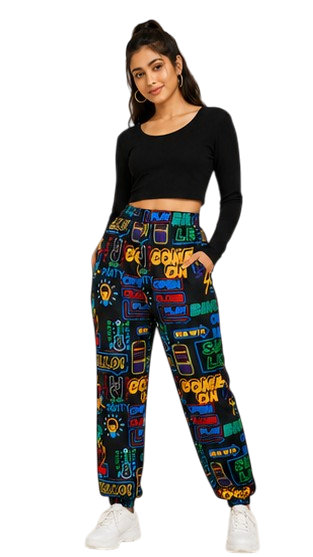 Women Black Graphic Printed Joggers – Stylish Casual Lounge & Streetwear Pants