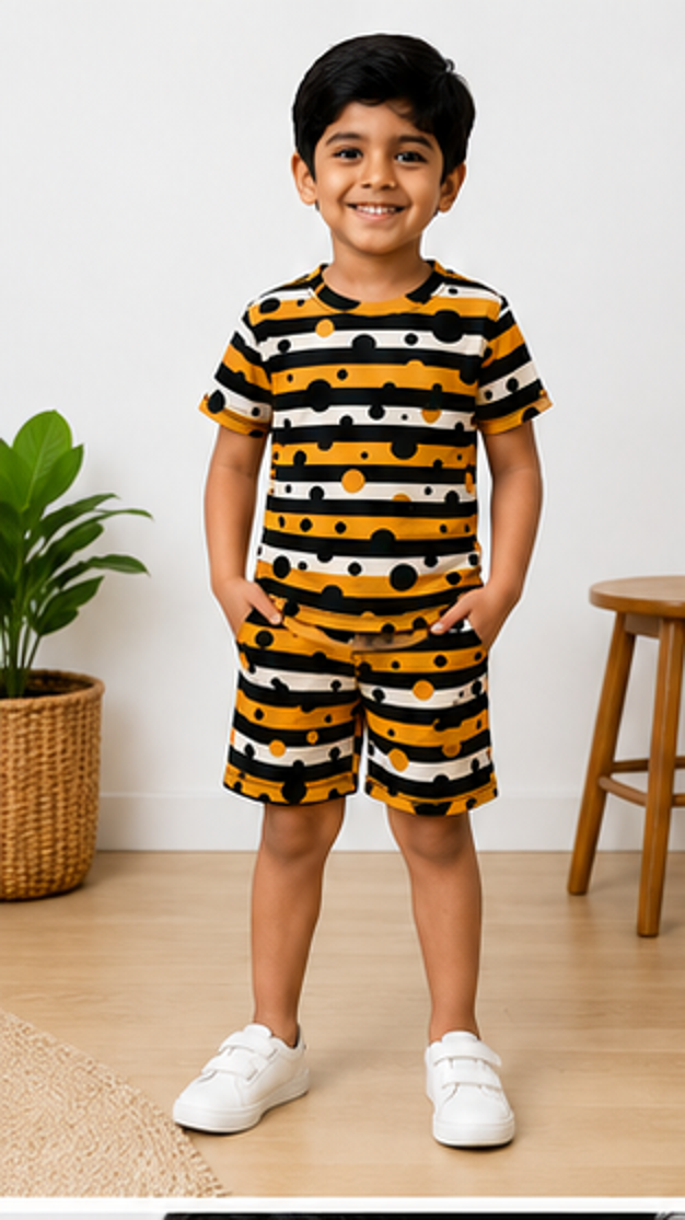 Bold Stripe & Polka Dot Kids Co-Ord Set – Trendy Cotton T-Shirt & Shorts Set
