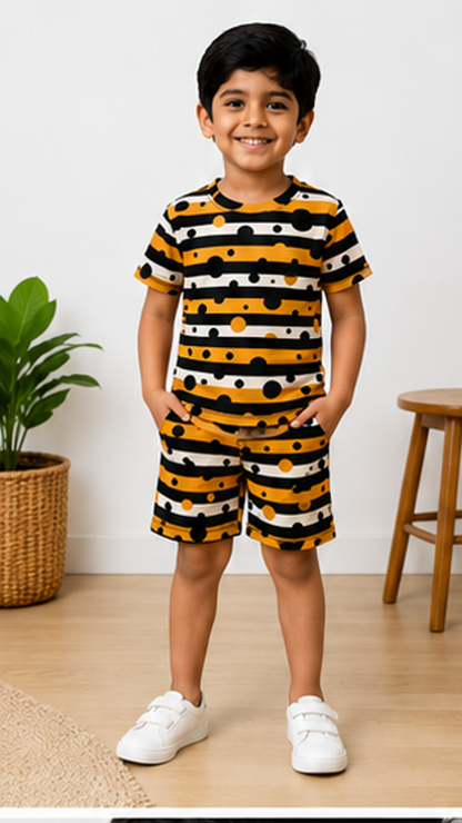 Bold Stripe & Polka Dot Kids Co-Ord Set – Trendy Cotton T-Shirt & Shorts Set