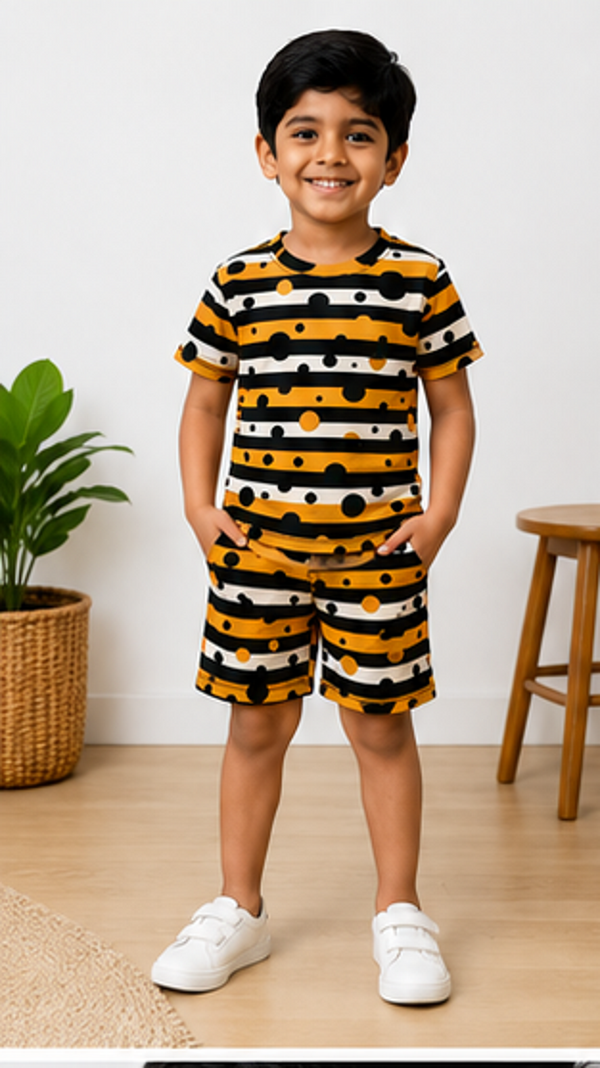 Bold Stripe & Polka Dot Kids Co-Ord Set – Trendy Cotton T-Shirt & Shorts Set