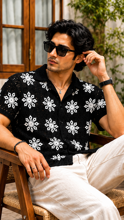 Men's Black Floral Crochet Shirt | Premium Handmade Knit Summer Resort Wear
