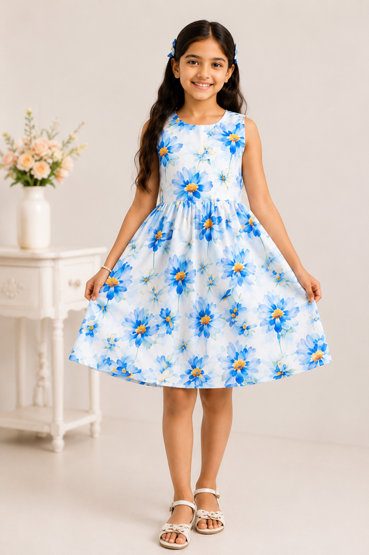 Girls Sky Blue Floral Print Fit & Flare Dress (Sleeveless)