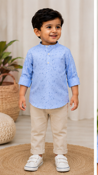 Boys Sky Blue Micro Print Cotton Short Kurta Shirt – Elegant Casual Kidswear