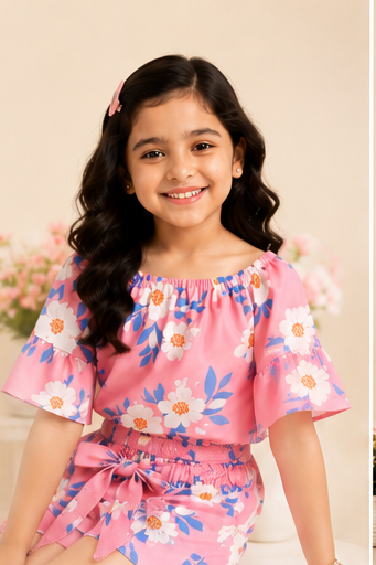 Girls Pink Floral Off-Shoulder Co-Ord Set – Summer Printed Top & Shorts
