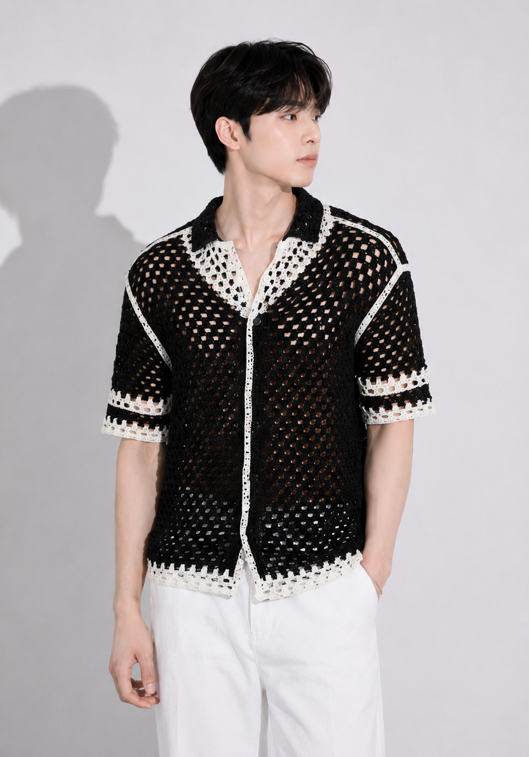 Men's Black Open Mesh Crochet Shirt – Premium Handmade Resort Wear Knit Shirt