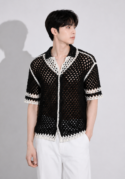 Men's Black Open Mesh Crochet Shirt – Premium Handmade Resort Wear Knit Shirt