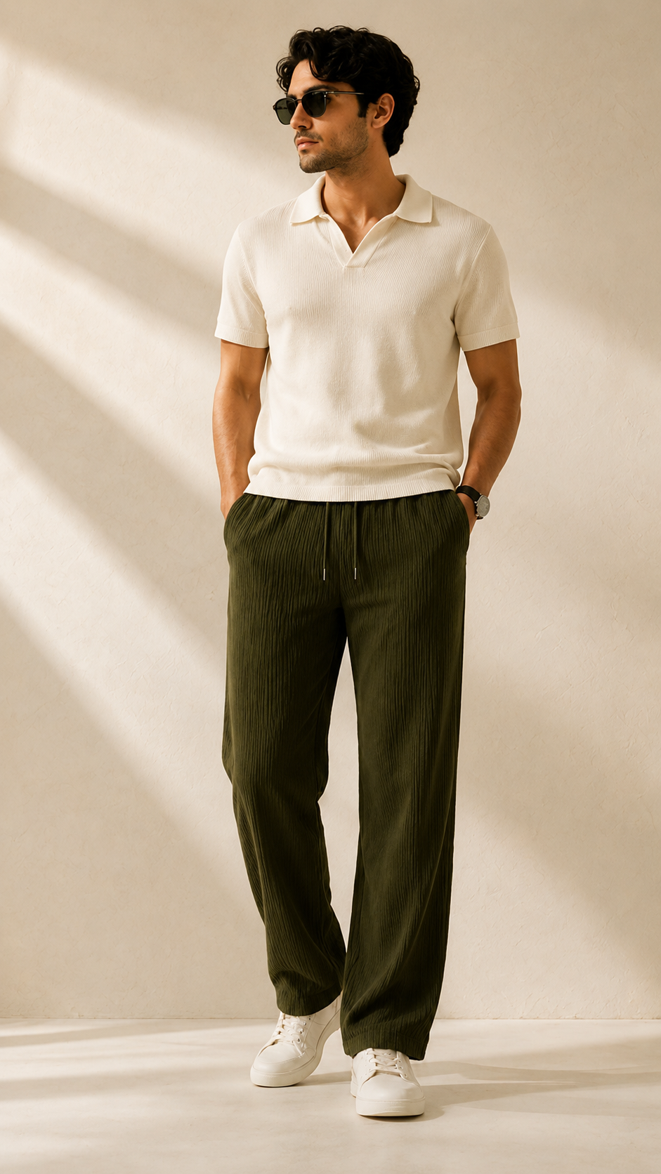 Olive Green Ribbed Track Pants for Men | Premium Relaxed Fit Textured Joggers with Zip Pockets