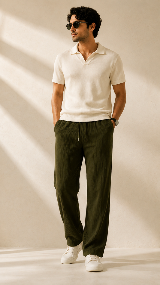 Olive Green Ribbed Track Pants for Men | Premium Relaxed Fit Textured Joggers with Zip Pockets