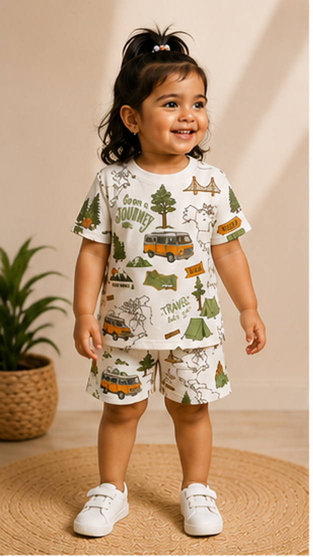 Adventure Travel Print Kids Co-Ord Set – Road Trip Cotton T-Shirt & Shorts for Girls