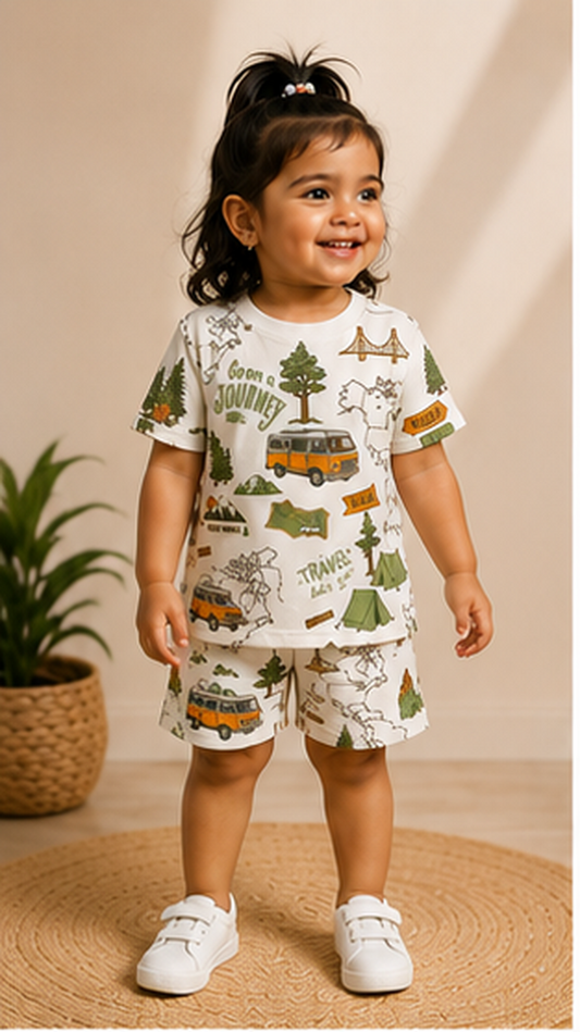 Adventure Travel Print Kids Co-Ord Set – Road Trip Cotton T-Shirt & Shorts for Girls