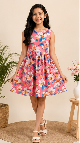 Girls Coral Pink Floral Print Fit & Flare Dress (Sleeveless)