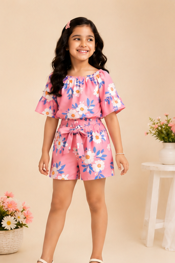 Girls Pink Floral Off-Shoulder Co-Ord Set – Summer Printed Top & Shorts