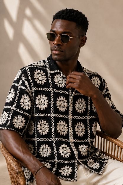 Men's Black Floral Embroidered Shirt – Premium Casual Summer Resort Wear