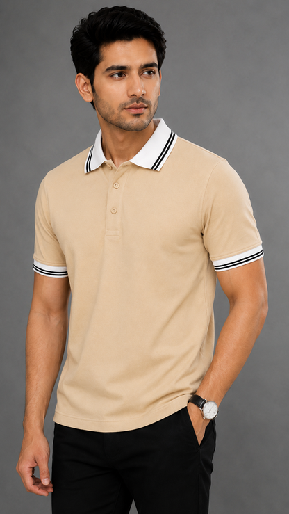 Men’s Premium Beige Polo T-Shirt with White Contrast Collar & Sleeve Stripes