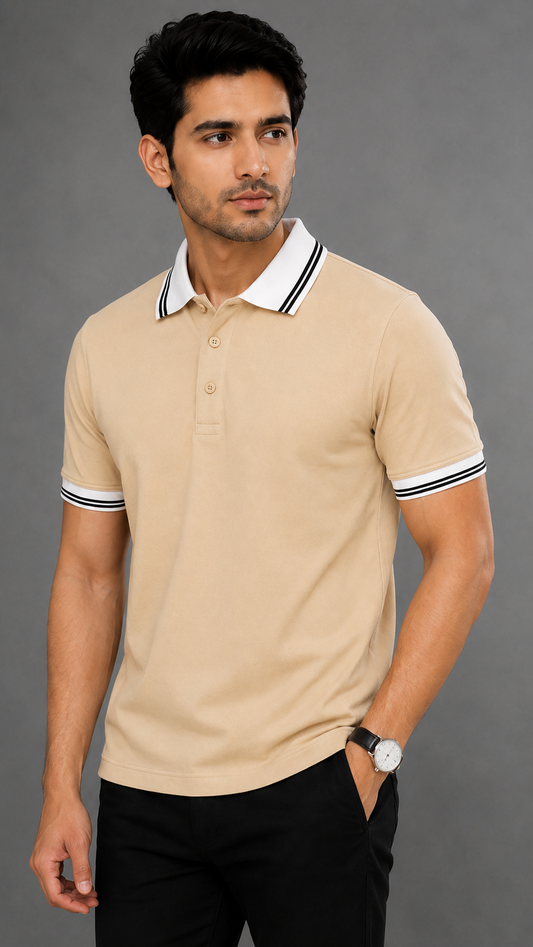 Men’s Premium Beige Polo T-Shirt with White Contrast Collar & Sleeve Stripes