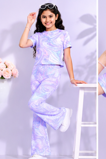 Girls Lavender Marble Co-Ord Set | Kids Crop Top & Flared Pants Outfit | Trendy Western Wear for Girls