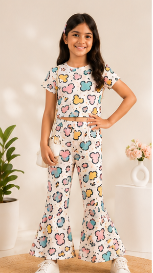 Girls Cartoon Print Co-Ord Set | Kids Crop Top & Bell Bottom Pants Outfit | Trendy Western Wear for Girls