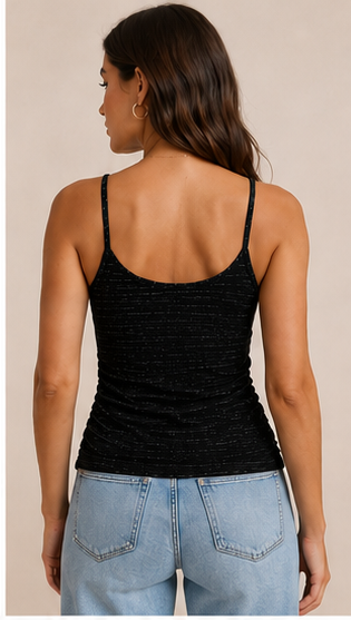 Women’s Premium Black Spaghetti Strap Cami Top – Ruched Slim Fit Sleeveless Top