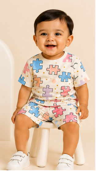 Kids Puzzle Print Co-ord Set – Cute Cotton T-Shirt & Shorts Set for Boys & Girls