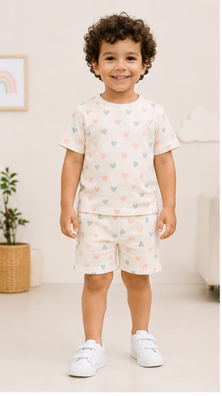 Pastel Heart Print Kids Co-Ord Set – Soft Cotton T-Shirt & Shorts Summer Outfit for Boys & Girls