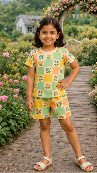 Pastel Check Floral Kids Co-Ord Set – Garden Print T-Shirt & Shorts for Girls