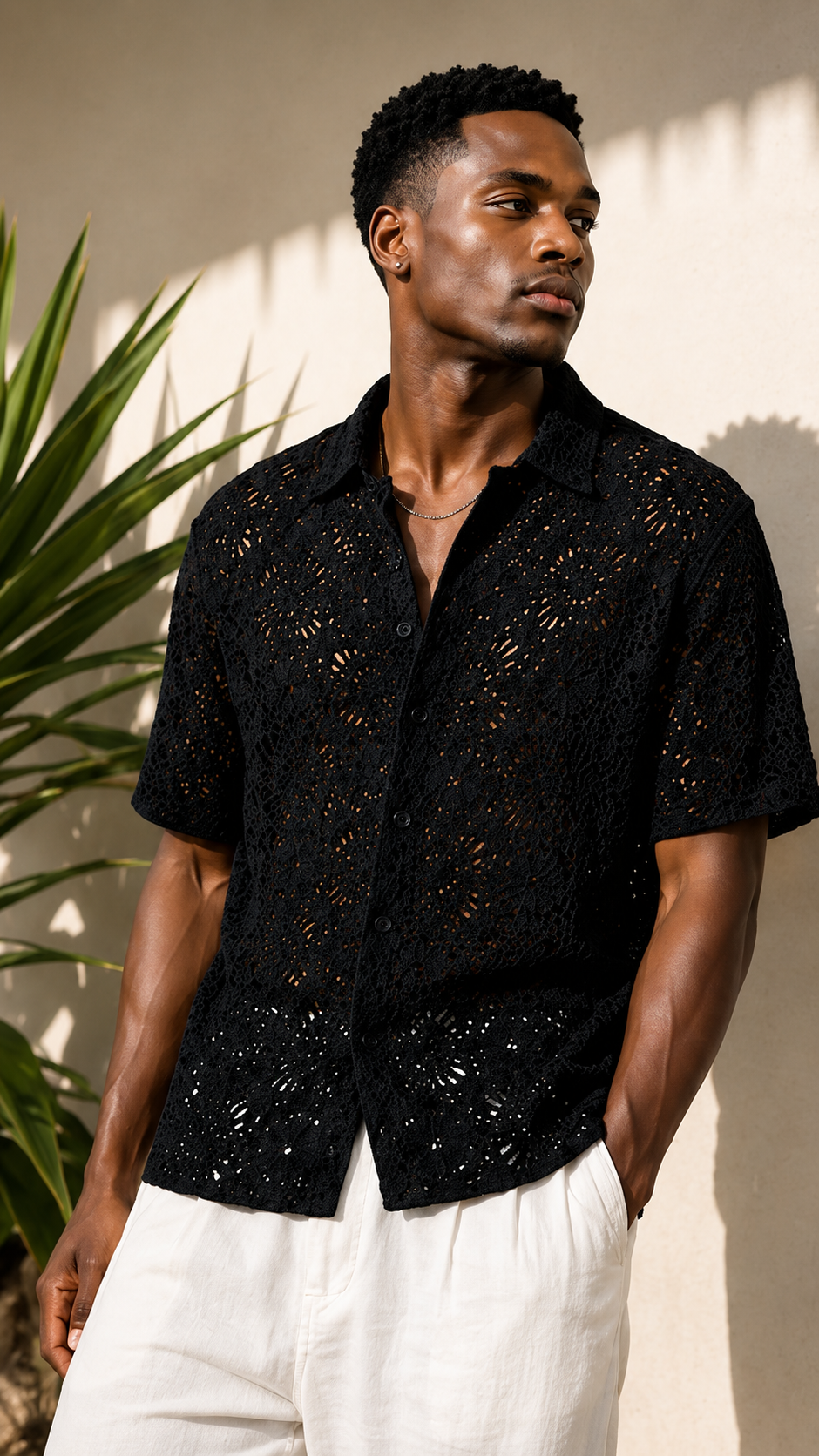 Men's Black Crochet Lace Shirt – Premium Summer Resort Wear Casual Button Down