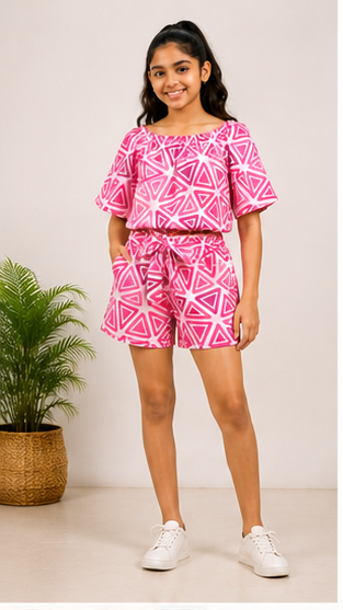 Girls Pink Geometric Off-Shoulder Co-ord Set with Tie-Up Shorts