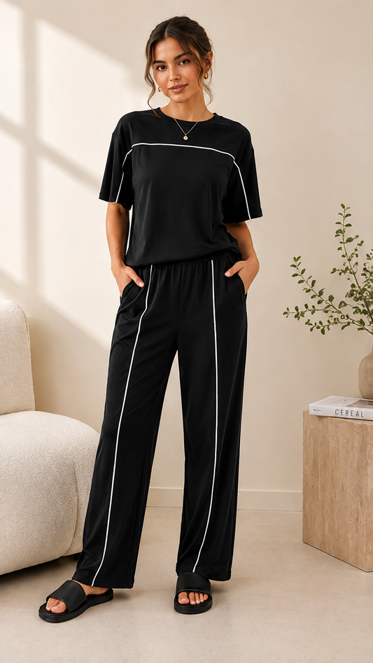 Women’s Black Co-ord Lounge Set | Premium Relaxed Fit T-Shirt & Straight Pants Set