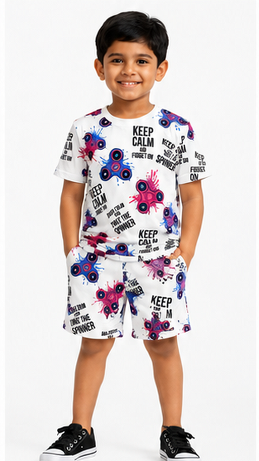 Fidget Spinner Print Kids Co-Ord Set – Cotton T-Shirt & Shorts Summer Outfit for Boys