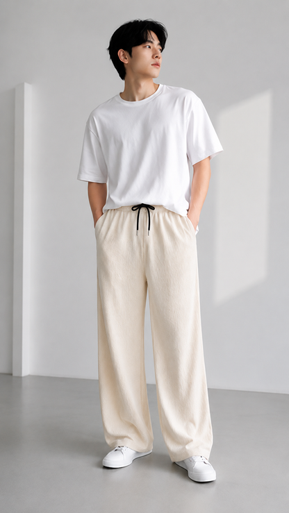 Horcun Men's Ivory Corduroy Drawstring Trousers | Premium Casual Pants