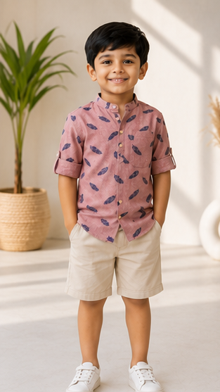 Boys Peach Feather Print Mandarin Collar Shirt (Full Sleeve)