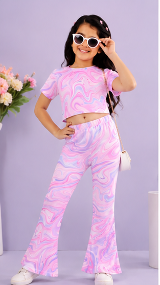 Girls Pastel Marble Co-Ord Set | Kids Crop Top & Flared Pants Outfit | Stylish Party Wear for Girls