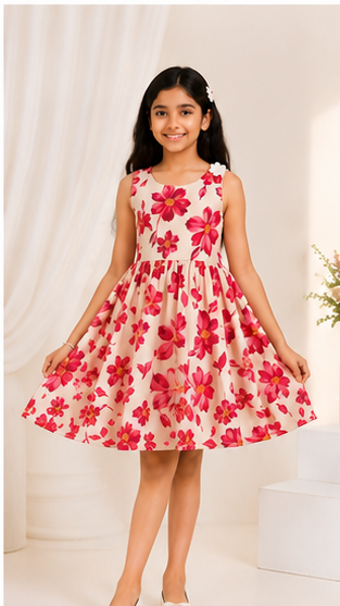 Girls Floral Fit & Flare Dress – Cream Base with Vibrant Pink Blossoms