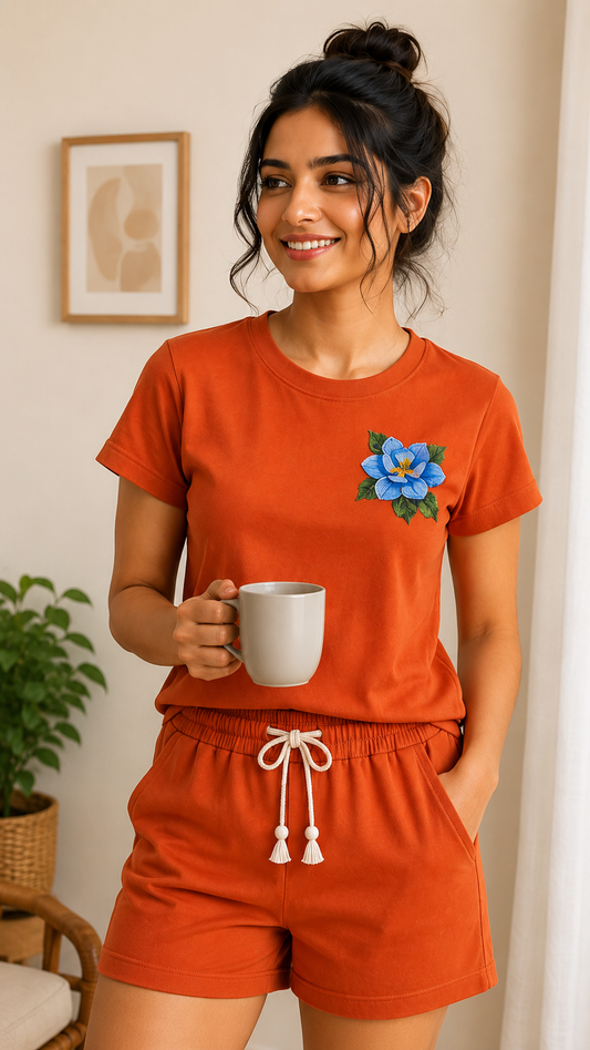 Women’s Burnt Orange Floral Embroidered Co-Ord Set – Casual T-Shirt & Shorts Lounge Wear