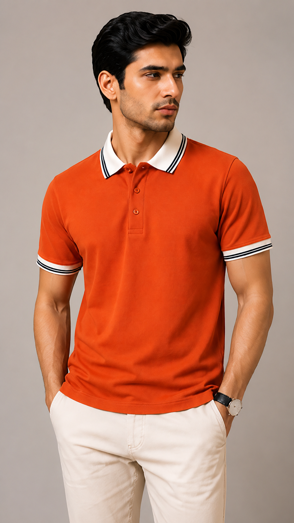 Men’s Premium Rust Orange Polo T-Shirt with White Contrast Collar & Sleeve Stripes