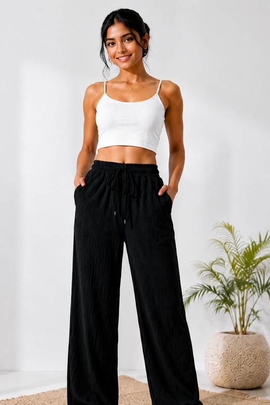 Black Crinkle Palazzo Pants for Women | Elastic Waist Wide Leg Lounge Trousers