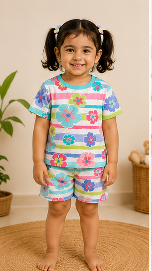 Floral Stripe Kids Co-Ord Set – Multicolor Flower Printed T-Shirt & Shorts for Girls