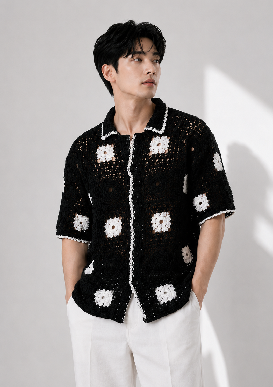 Men's Black Crochet Granny Square Knit Shirt – Handmade Premium Resort Wear Shirt