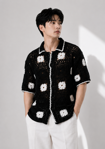 Men's Black Crochet Granny Square Knit Shirt – Handmade Premium Resort Wear Shirt