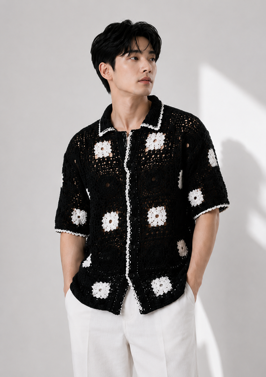 Men's Black Crochet Granny Square Knit Shirt – Handmade Premium Resort Wear Shirt