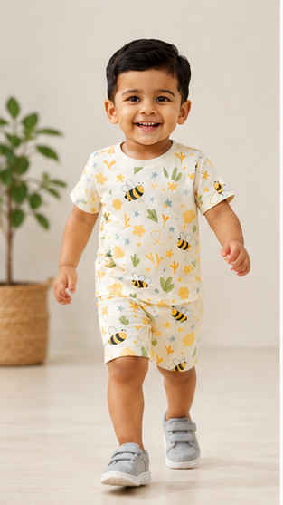 Kids Bee Print Co-ord Set – Cute Summer Cotton T-Shirt & Shorts Set for Boys & Girls