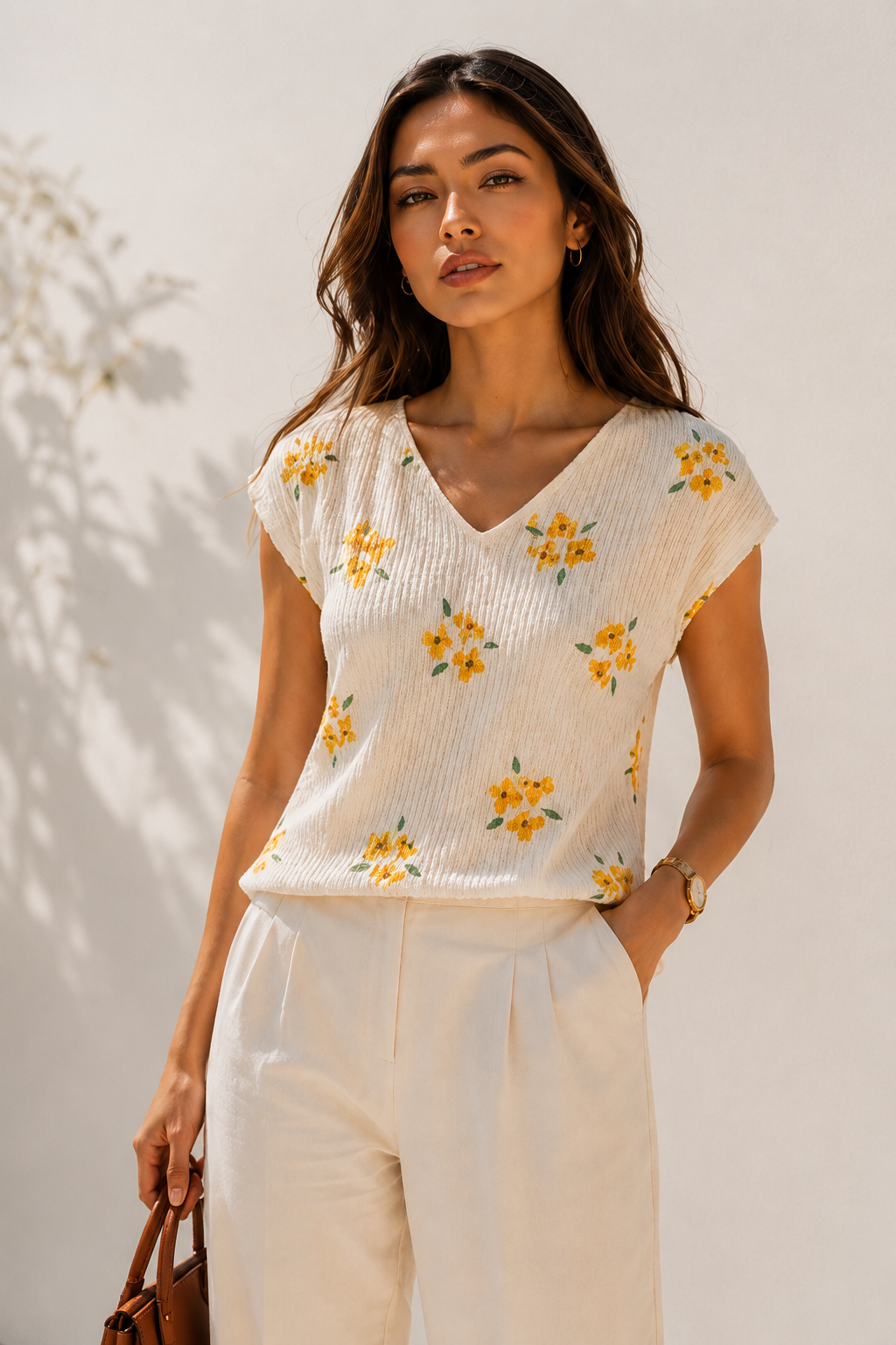 Horcun Women's Ivory Floral Textured V-Neck Top | Elegant Casual Wear