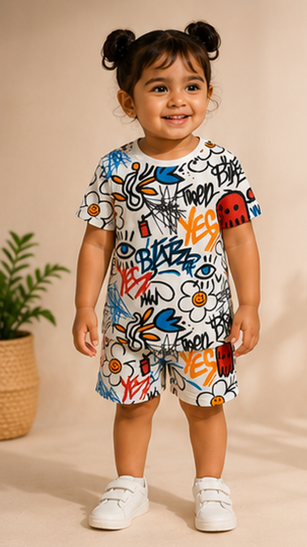 Urban Graffiti Print Kids Co-Ord Set – Trendy Cotton T-Shirt & Shorts for Girls